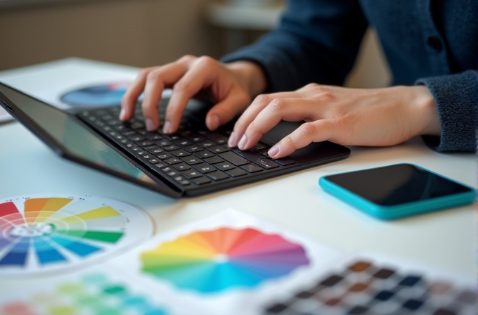 A person is typing on a laptop surrounded by colorful design charts and a smartphone on a bright workspace.