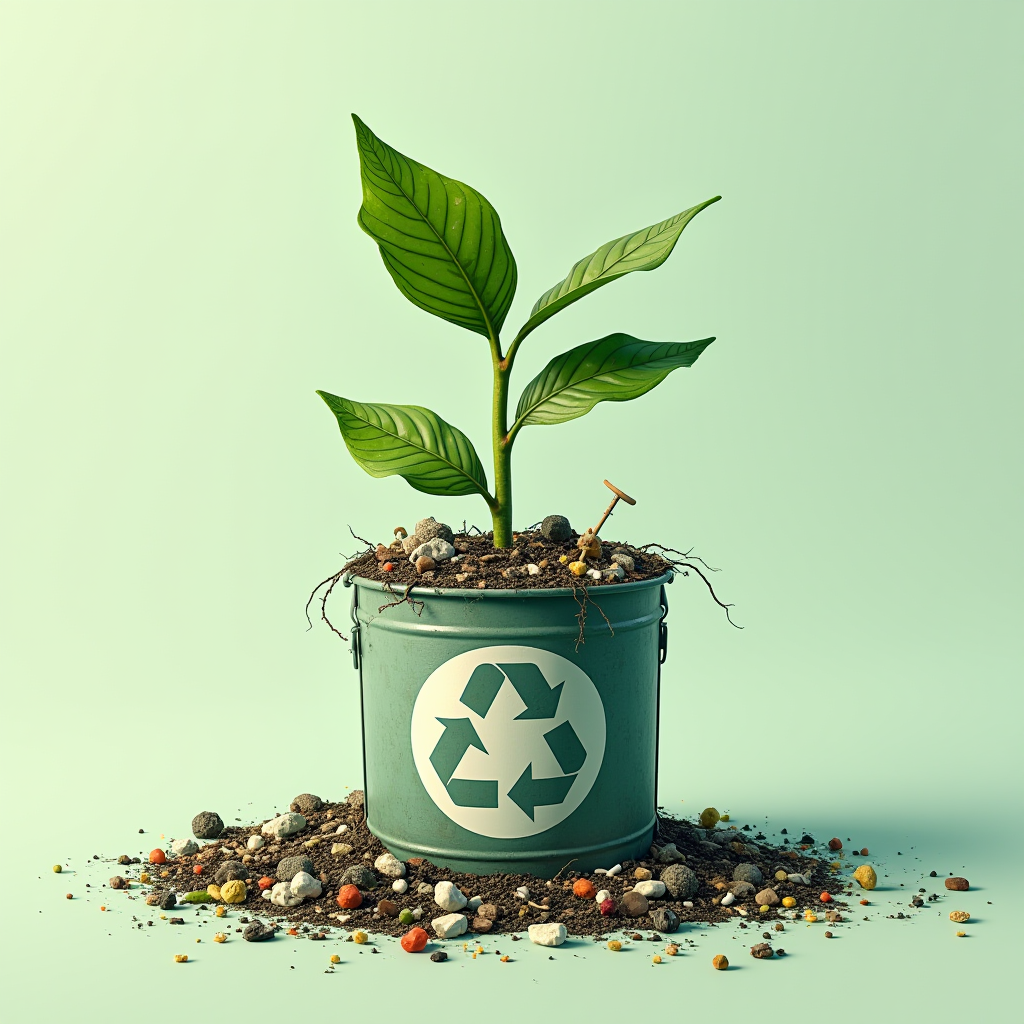 A green plant grows in a pot with a recycling symbol, symbolizing sustainability.