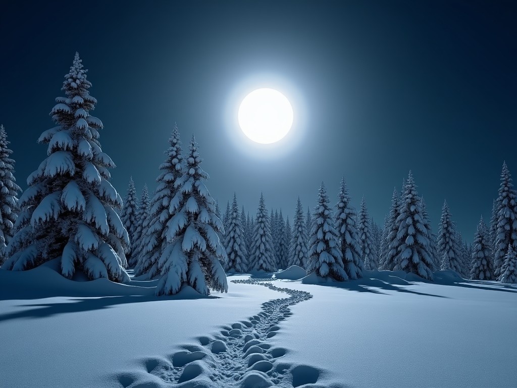 Capture the serene beauty of a winter night landscape under a full moon. The scene showcases snow-covered trees that stand tall, surrounded by a luminous halo. The contrast between the dark sky and the glowing moon creates a magical atmosphere. Peacefulness permeates the untouched snow, enhanced by faint animal tracks leading into the scene. This tranquil winter setting invites viewers to immerse themselves in its calmness.