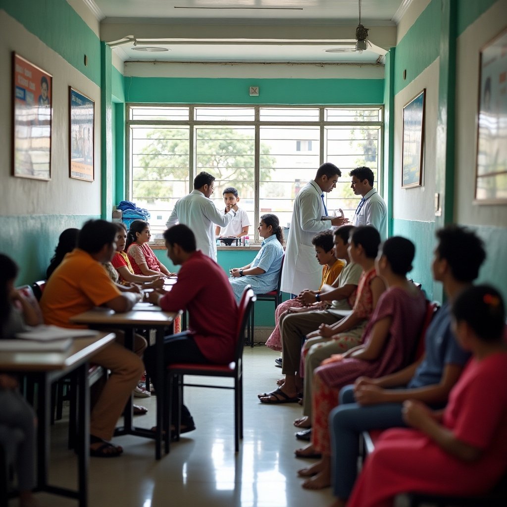 A busy healthcare center in India. Healthcare professionals interact with patients. People waiting in a hallway. Bright and vibrant atmosphere. Community health setting.