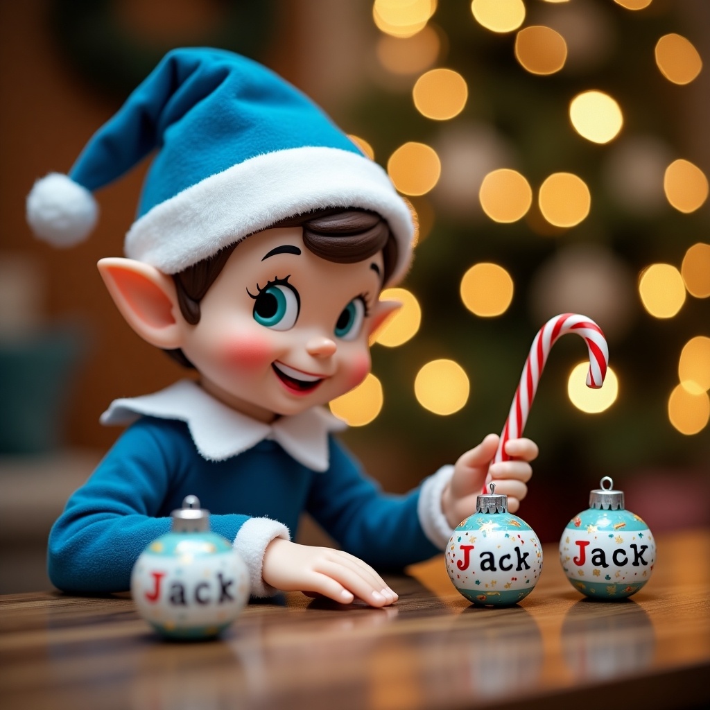 A charming Christmas elf dressed in cheerful blue attire, complete with a hat, is focused on writing names on decorative baubles. The elf has a playful expression and sits at a wooden table surrounded by festive holiday decorations. The background features a softly lit Christmas tree adorned with twinkling lights, creating a warm glow. The elf holds a red and white candy cane, adding to the delightful festive atmosphere. Emphasizing a personal touch, the name being written includes 'Jack,' inviting viewers into this heartwarming holiday moment.