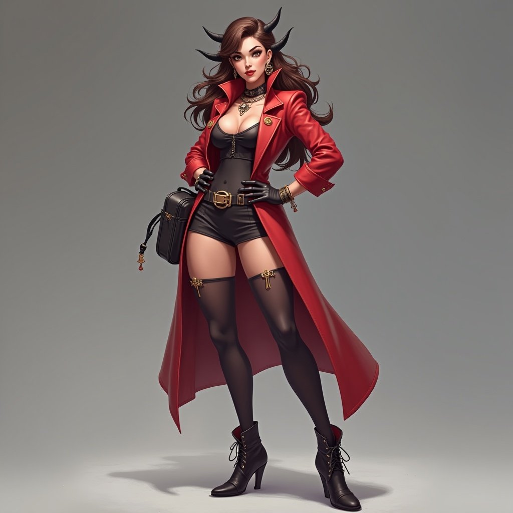 Create powerful female character for dress up games. Show unique style and dynamic pose. Include fashionable outfit. Focus on confidence and presence.