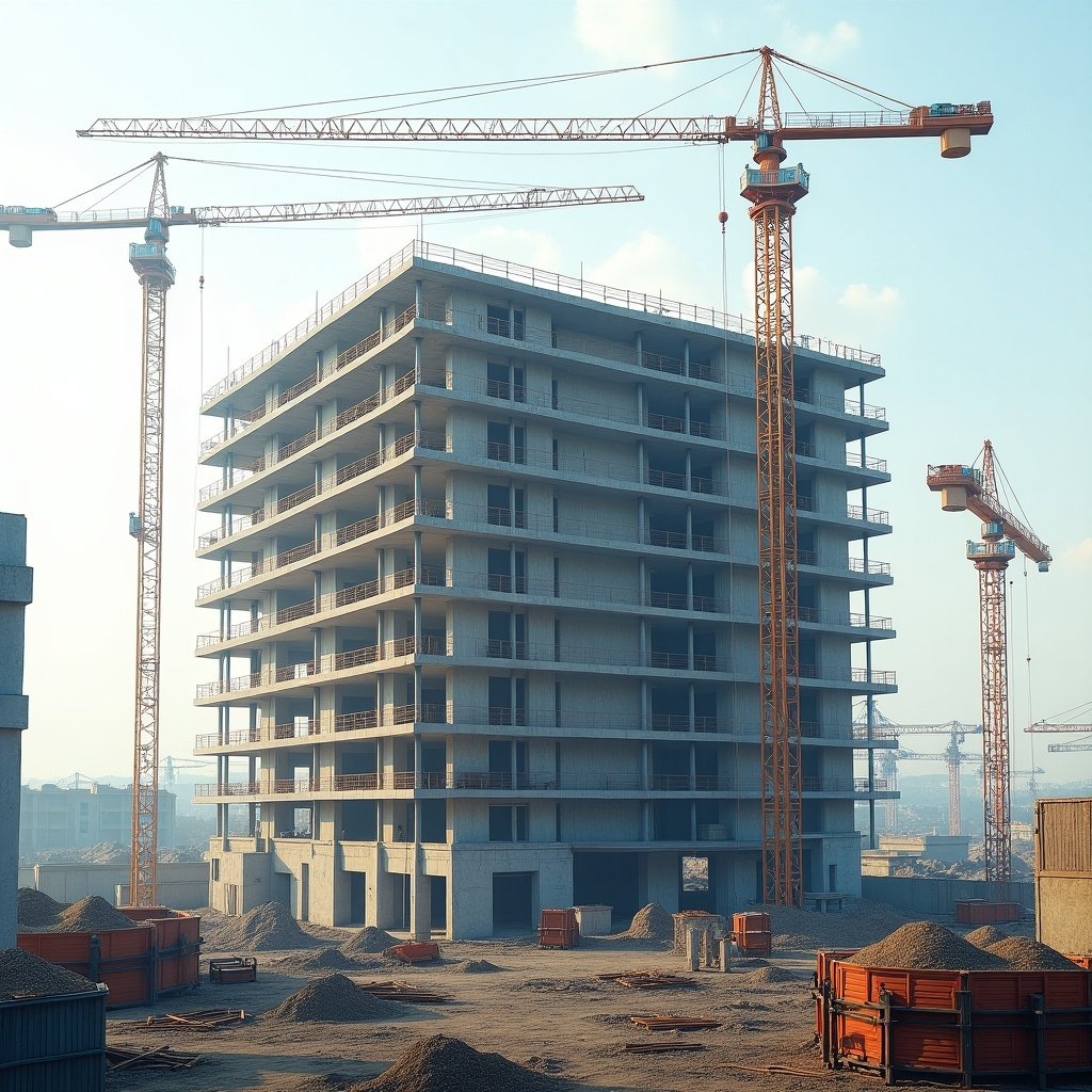 A construction site showcasing a multi-story building under construction with cranes. Building appears unfinished with materials scattered around. Sky is bright with a hint of haze.