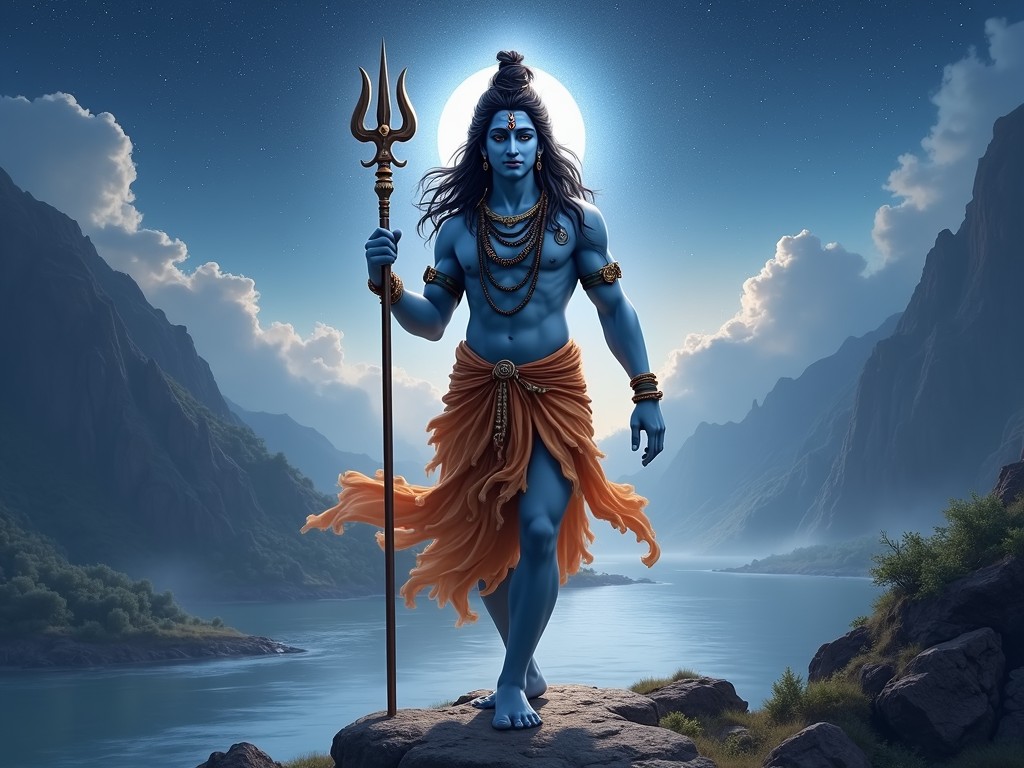 The image depicts a powerful and serene figure, with a blue skin tone, standing on a rock by a tranquil river. The figure is holding a trident and is adorned with traditional jewelry and an orange shawl. A full moon and rugged mountains create a mystical atmosphere, enhancing the serene and spiritual presence of the figure.