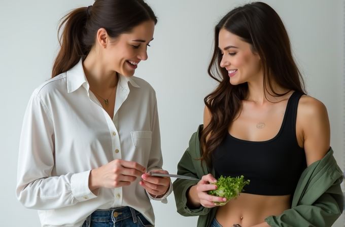 Two women are smiling and holding a small plant together.