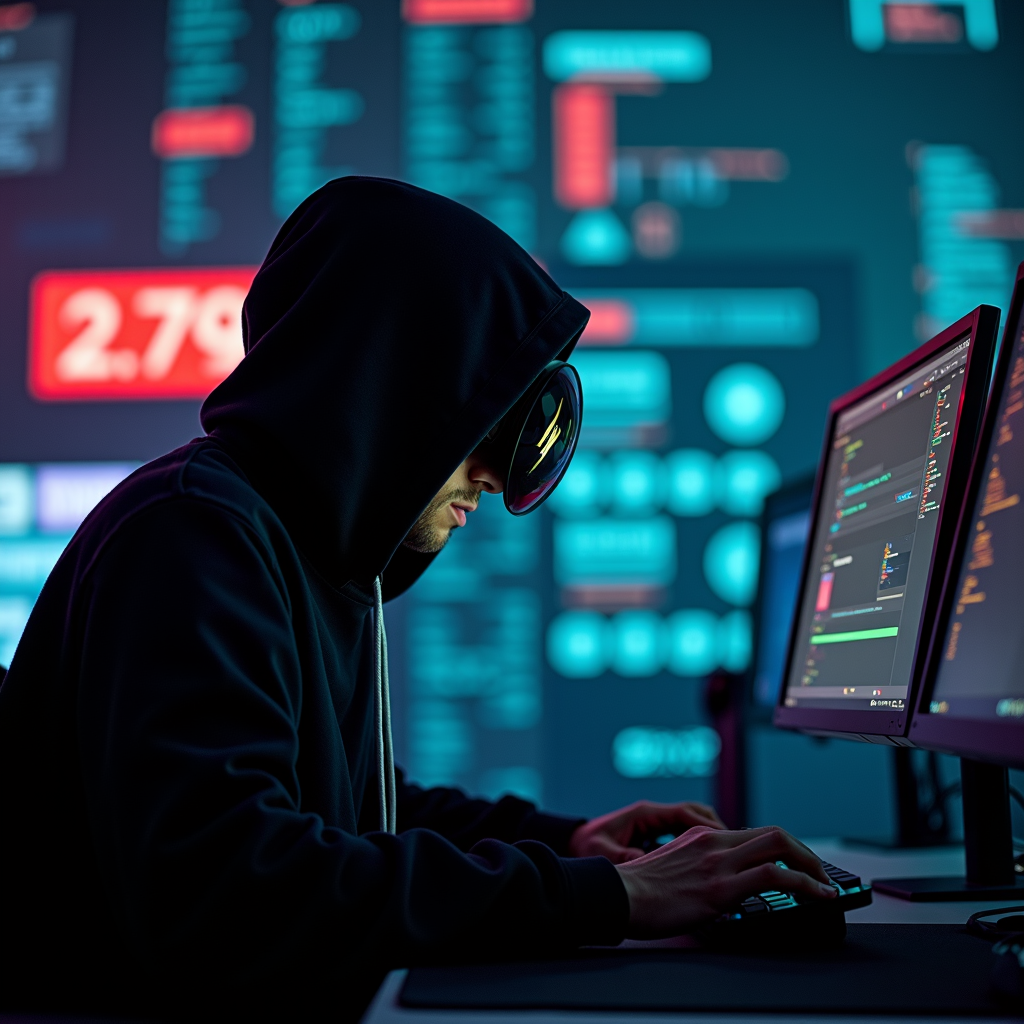 A person in a hood working at a computer surrounded by data screens.