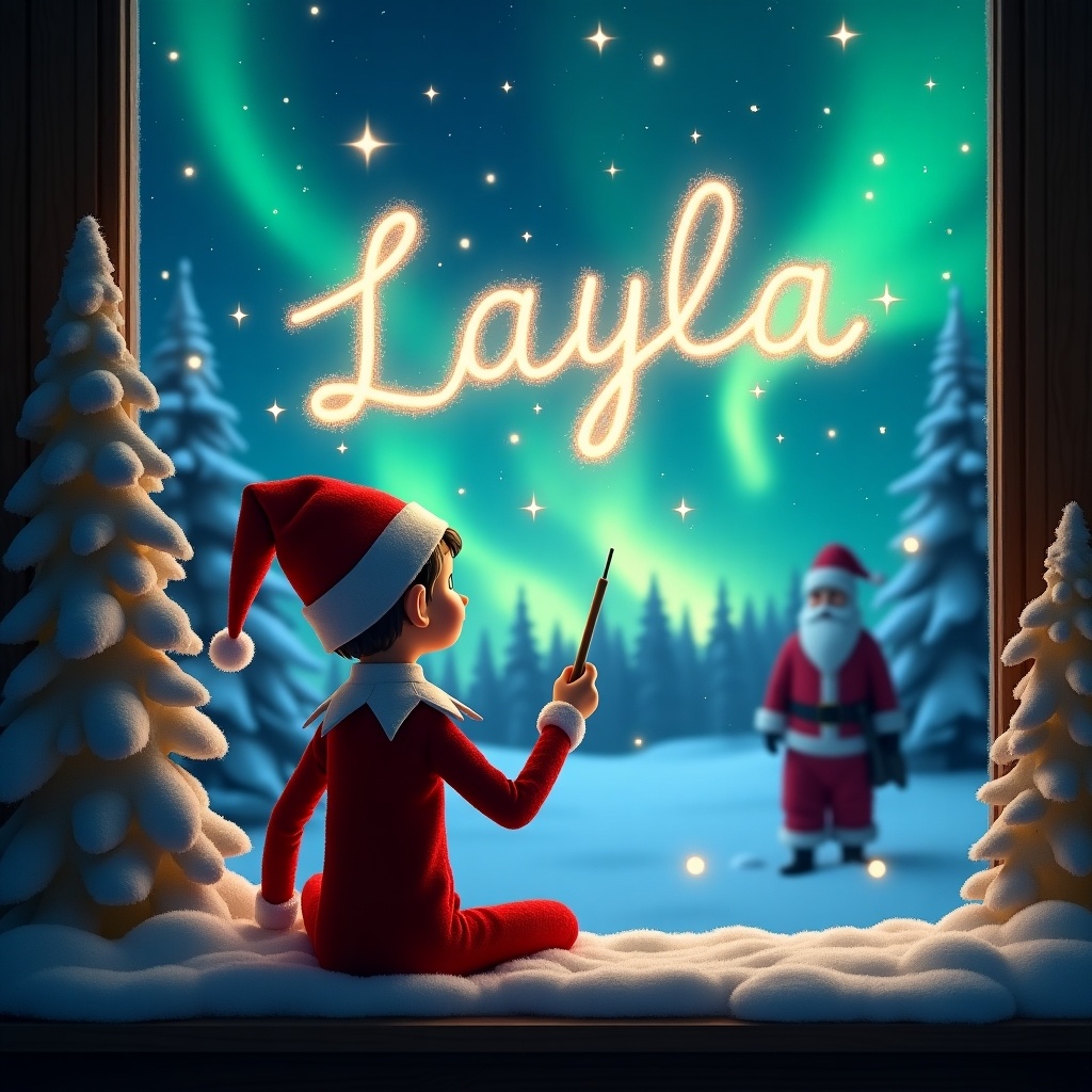 This image features an elf on the shelf with its back to the viewer, facing a magical winter night sky. The elf, in a classic red outfit, uses a wand to write the names 'LAYLA' in elegant script among the twinkling stars. The background showcases the breathtaking northern lights, adding a mystical glow to the scene. Snow-covered trees surround the elf, enhancing the winter atmosphere. In the distance, a silhouette of Santa can be seen, emphasizing the Christmas theme and joy.