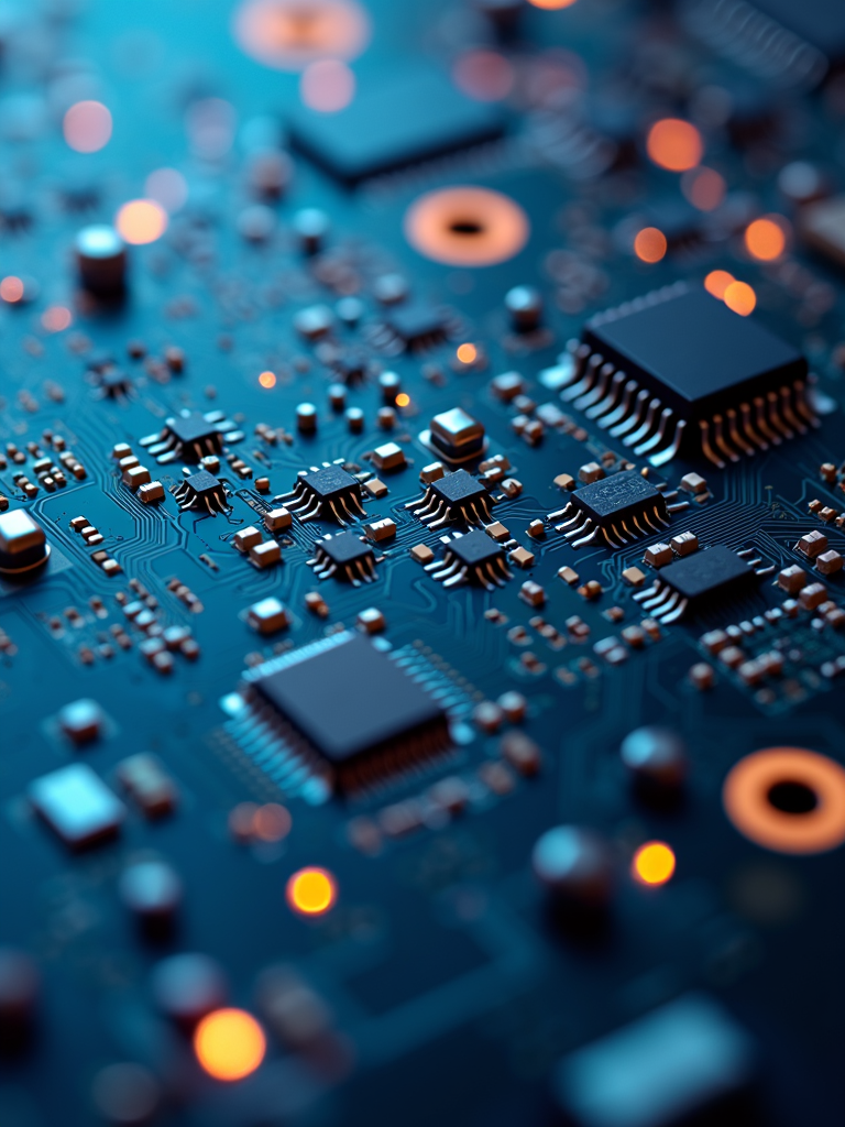 A detailed close-up view of an electronic circuit board with glowing elements.