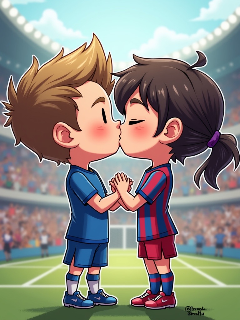 Two cartoon characters dressed as football players share a kiss. One wears a blue jersey while the other wears a red and blue striped jersey. The background features a packed stadium with an enthusiastic crowd. The image conveys a sense of fun and camaraderie, appealing to sports fans and gamers.