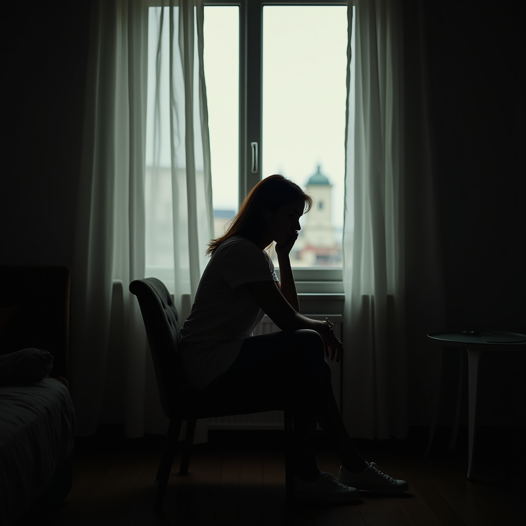 A person sits in a dimly lit room, silhouetted against a window.