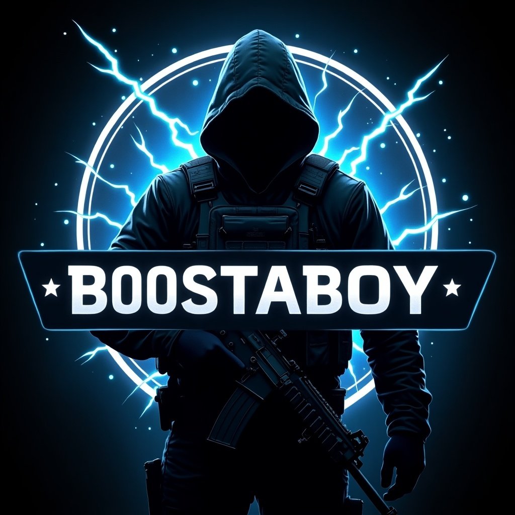 Image shows a gaming badge with a shadow figure of a tactical operator. Title B00STABOY in bold letters across badge. Light blue lightning symbols around in a chaotic design.