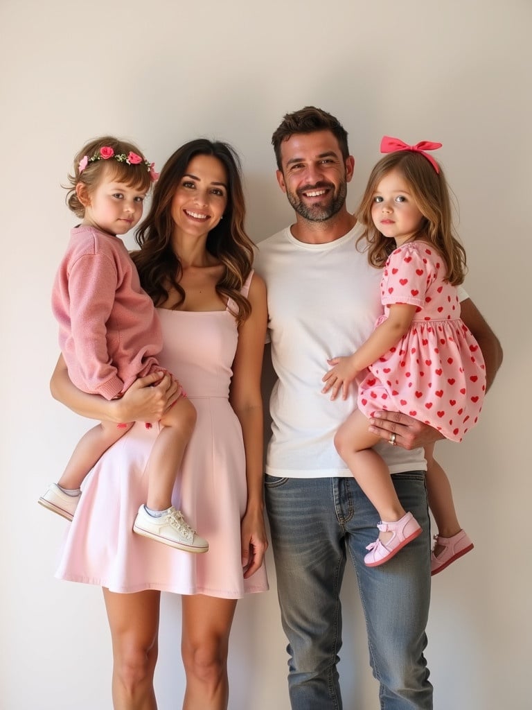 Family photo with parents and two children. The photo is themed for Valentine's Day. Dominant colors are whites, pinks, reds, greens, and blacks.