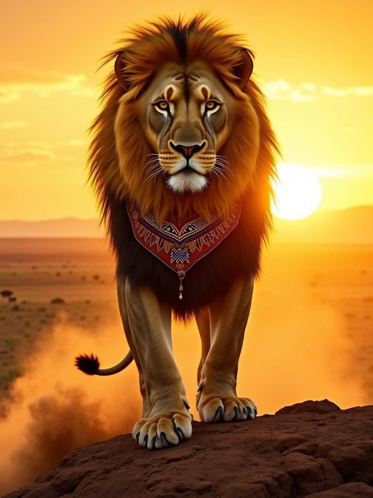 A colossal lion stands atop a rocky plateau. The lion has a glowing golden mane. The lion's eyes burn with determination. Behind is an endless savanna. An ornate beaded collar with tribal patterns hangs around its neck. Dust swirls at its feet. The horizon has a warm sunset glow.