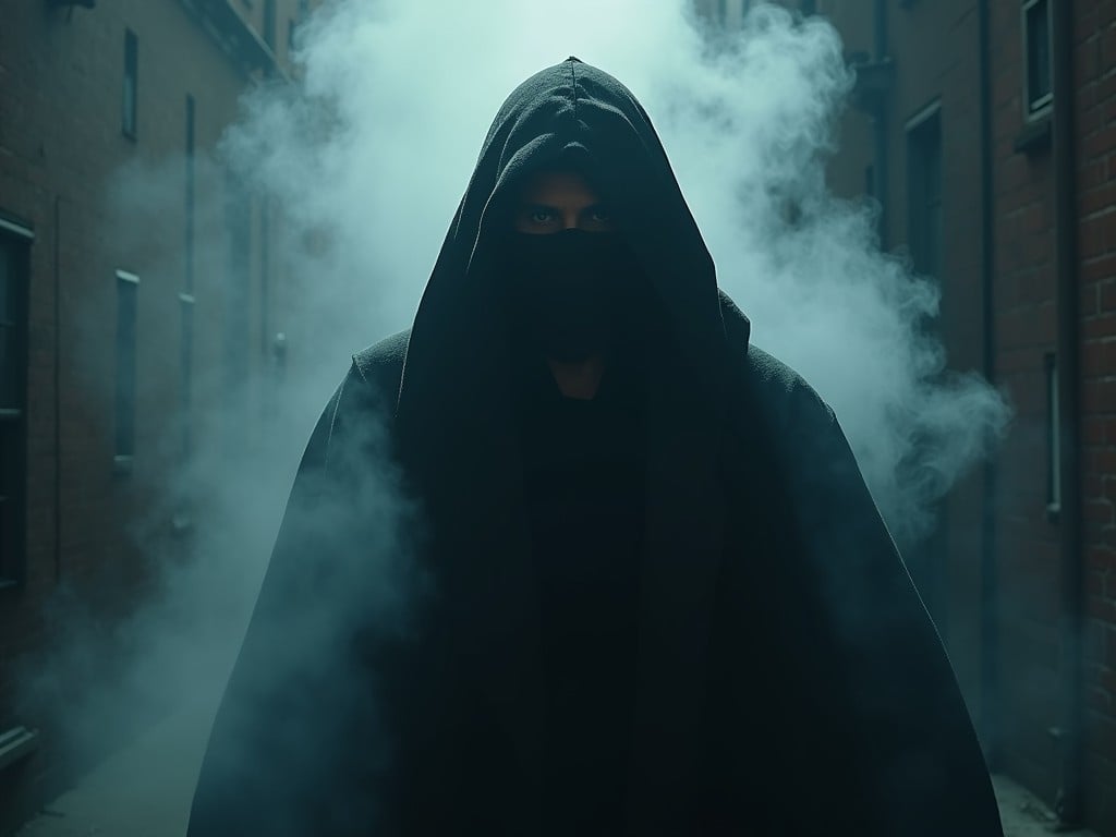 The image depicts a cloaked figure standing in a narrow, foggy alley. The figure's face is obscured by a hood and a mask, enhancing the sense of mystery. Smoke swirls around them, adding to the eerie atmosphere. The setting appears urban, with brick walls visible in the background. This evokes a feeling of suspense and tension, suggesting hidden intentions or midnight encounters.