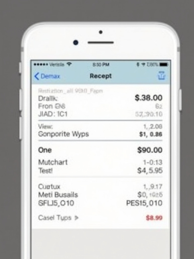 Close-up image of a smartphone showing a payment receipt. Receipt includes different transactions with prices. Background is grey. Text is readable with details. Ideal for finance-related content.