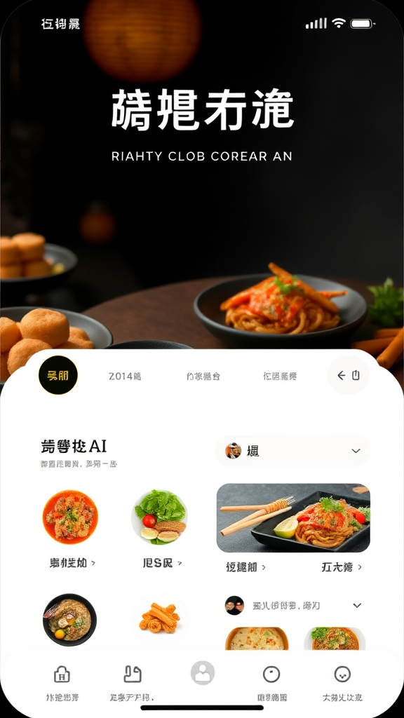 The image shows a mobile app interface showcasing various food dishes, with a bowl of pasta prominently featured.