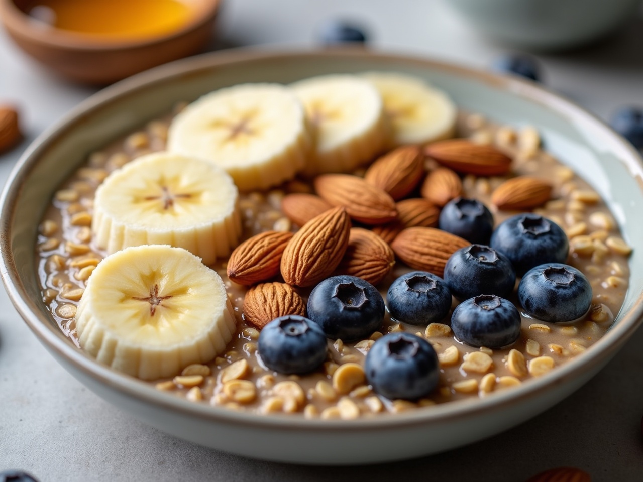 This image showcases a beautifully styled oatmeal bowl filled with a hearty mix. Topped with banana slices, fresh blueberries, and crunchy almonds, it creates a colorful and appetizing presentation. The warm tones of the oats are contrasted by the vibrant colors of the fruits. A drizzle of honey can also be seen, enhancing the visual appeal. This wholesome meal is perfect for health enthusiasts and breakfast lovers alike.