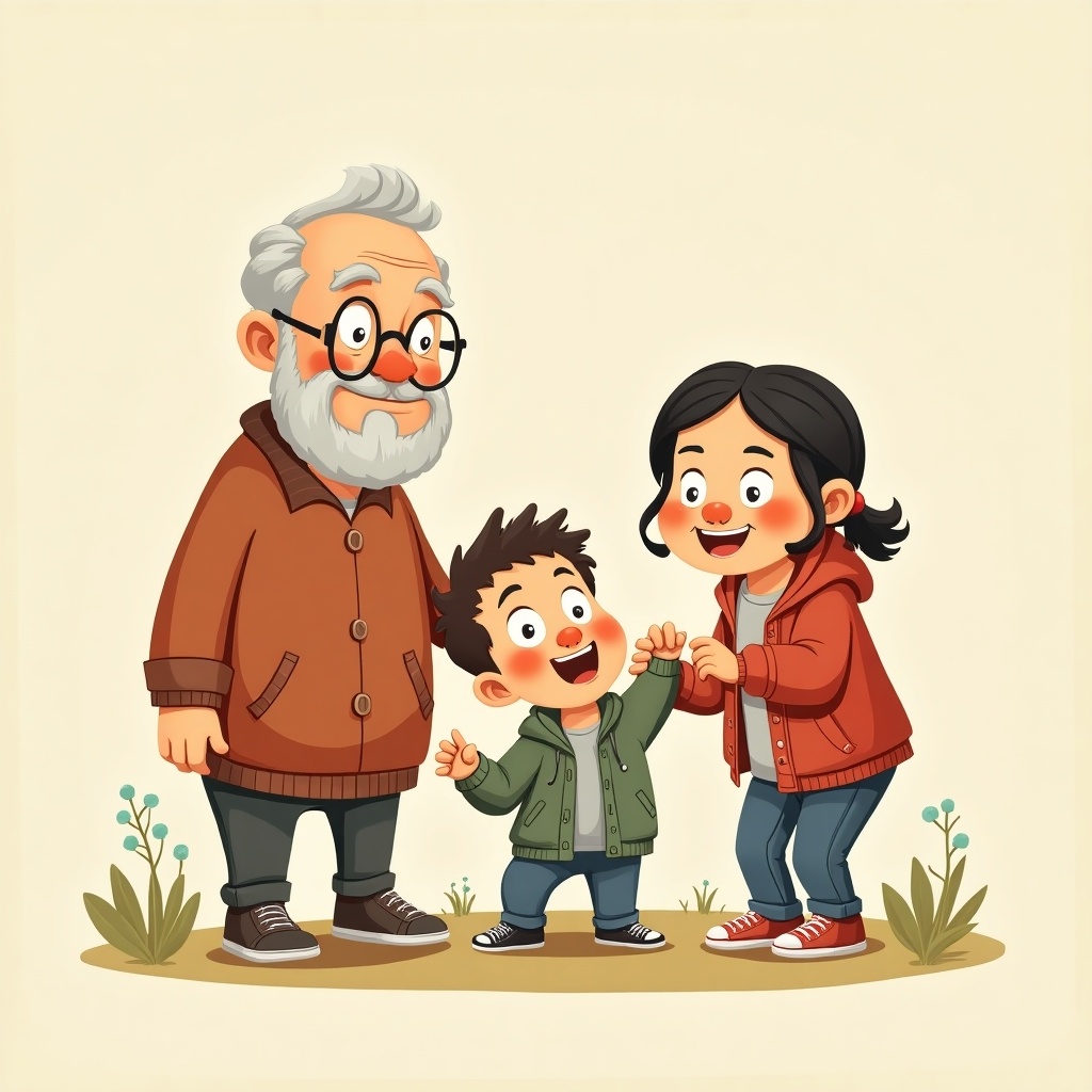 Illustration of family characters appealing to children. A joyful child with playful expression holds hands with an adult. A grandparent stands beside, smiling. Simple details and bright colors. Ideal for younger audiences.