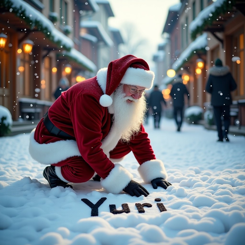 Santa Claus in snowy street during holiday season. He wears red and white outfit. Kneeling to write name 'Yuri' in snow. Quaint buildings line the street. Soft winter light adds a warm glow. Scene evokes joy and cheer.