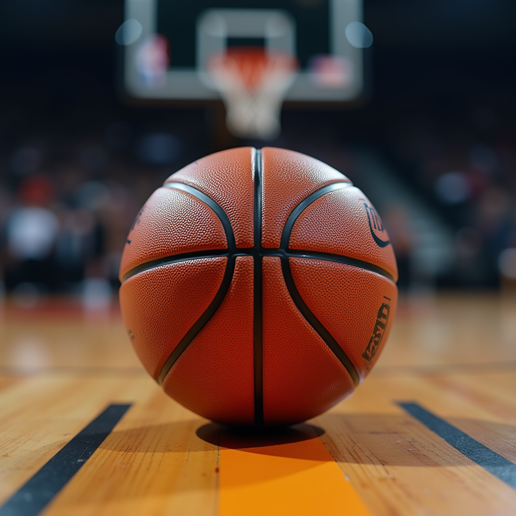 A basketball lies on a court, centered with a blurred hoop in the background.