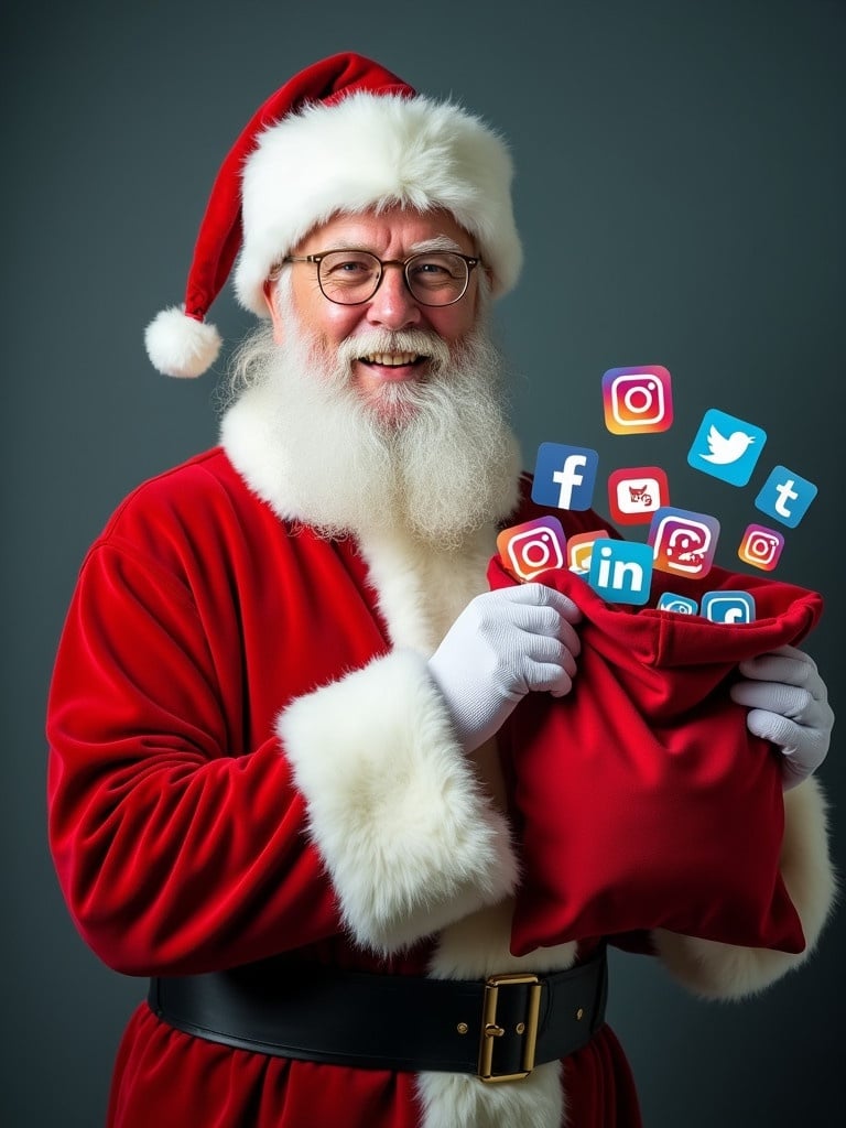 Santa Claus in a red suit holds a bright red bag. The bag contains various colorful social media icons. Santa exudes a joyful expression. The image highlights the importance of education and the cheerful holiday spirit.