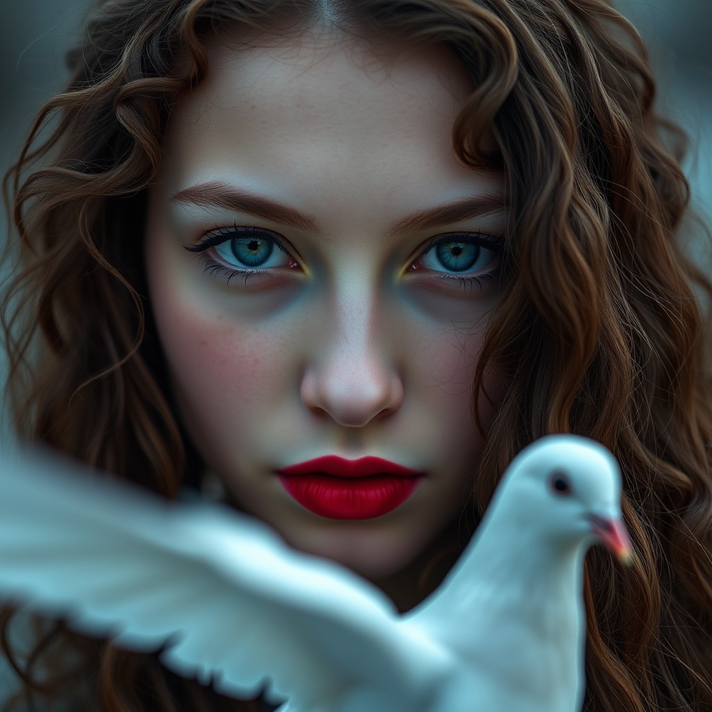 A young woman with striking blue eyes and vivid red lips gazes intensely, while a white dove is in flight in the foreground.