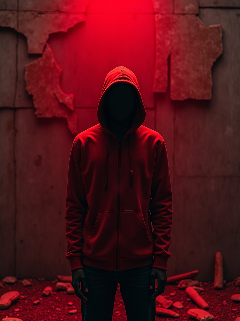 Solitary figure wearing a red hoodie stands against a crumbling concrete wall. Lighting is intensely red casting shadows on the figure. Wall is cracked with debris scattered on the ground. The scene suggests a post-apocalyptic setting. Tense and introspective atmosphere is created with the figure lost in thought.