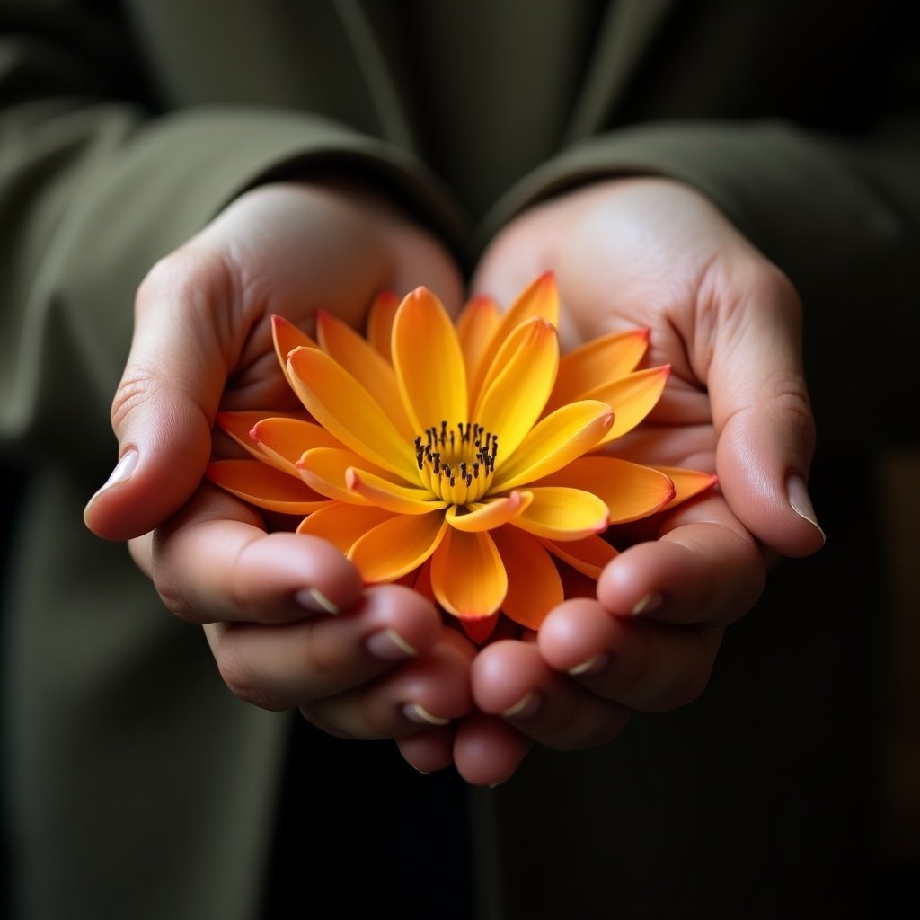 Close-up of hands holding a vibrant flower. The flower is yellow and orange with delicate petals. The background is soft and neutral. The hands are gently cradling the flower. Emphasis on beauty and nature.