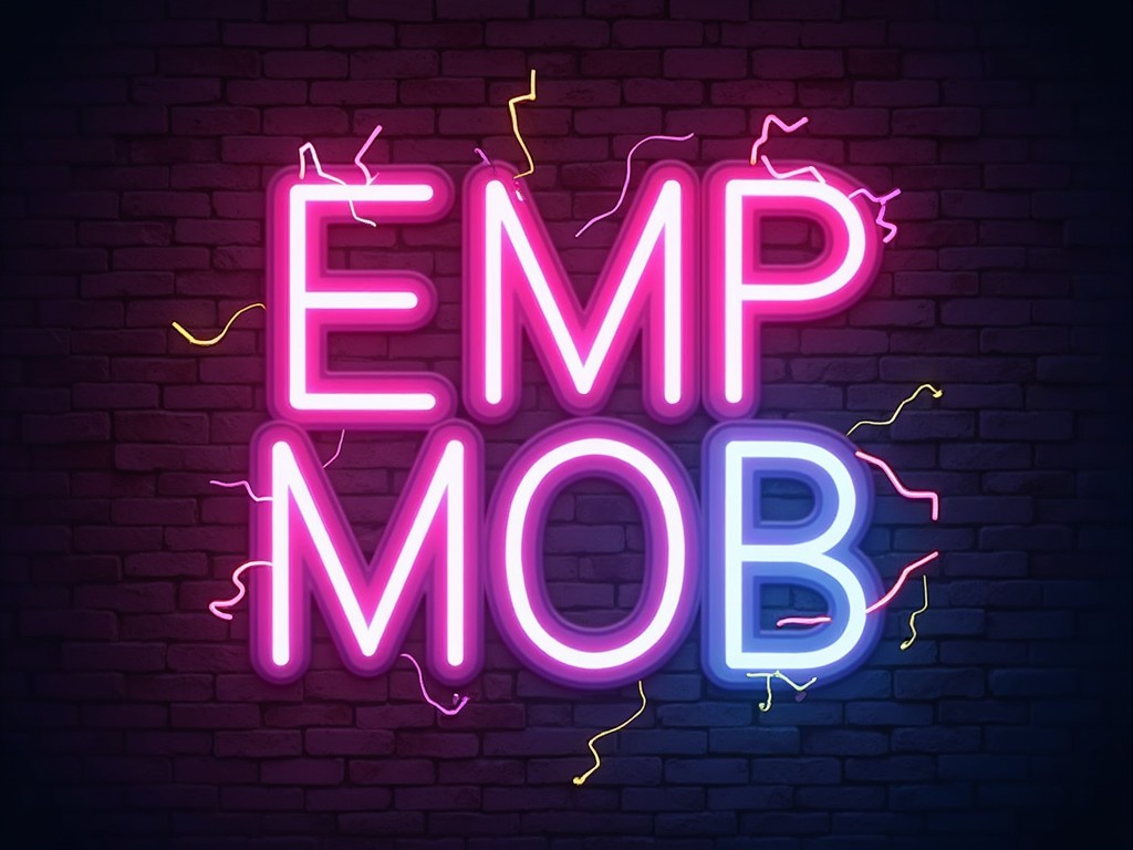 The image displays bold, glowing neon letters 'EMP MOB' against a dark brick wall. The vivid colors, primarily pink and blue, contrast sharply with the background. The neon effect is enhanced by animated electric sparks surrounding the letters, giving a vibrant and energetic feel to the composition.