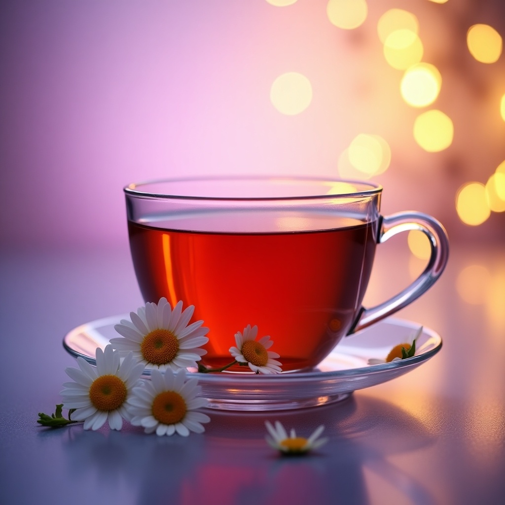 Hot tea displayed in a glass cup on a plate with chamomile flowers. Background illuminated by light purple and warm yellow lights.