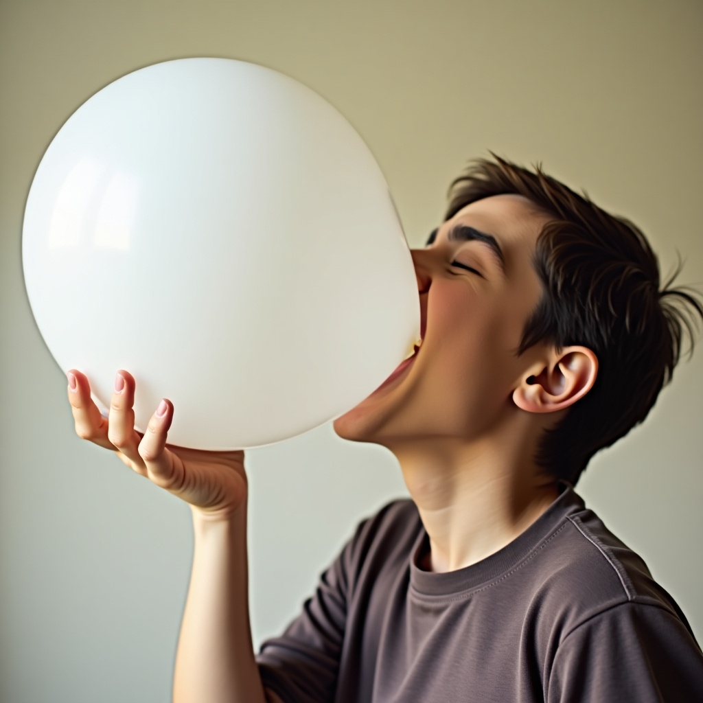 A person bites a white balloon. Bright expression conveys playfulness. The setting appears neutral and soft. The focus is on the interaction between the person and the balloon.