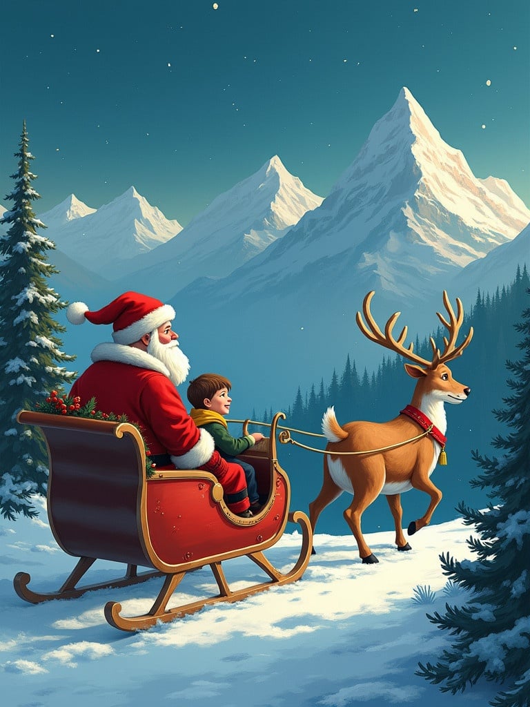 Santa Claus rides in a sleigh pulled by reindeer. Snow-covered mountains and lush forests are visible. A little boy sits beside Santa. The sky sparkles with stars. The scene is warm and magical.