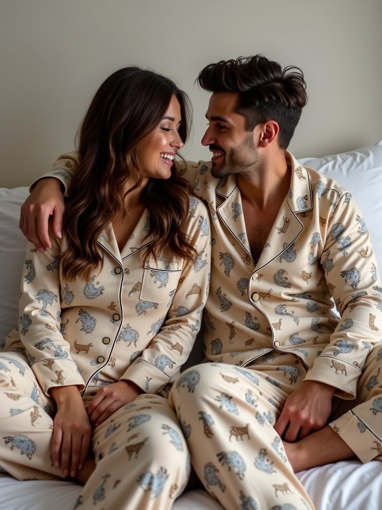 A couple in matching pajamas sits closely together on a bed. Pajamas feature animal prints. They share an intimate moment in a relaxed setting.