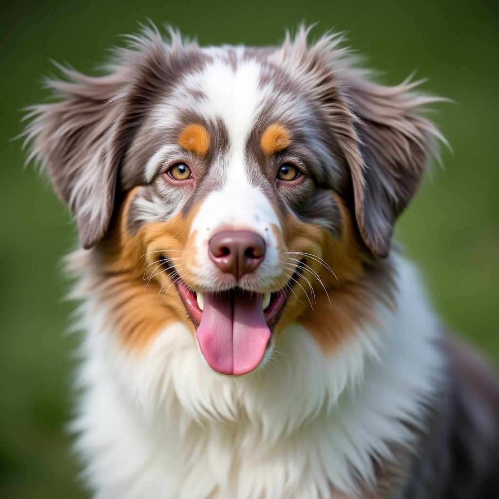 A red merle Australian Shepherd in a playful pose. The dog's fur has a striking mix of red and white colors. The background is a soft blurred green, capturing a warm, playful atmosphere. The image showcases the dog's friendly features and inquisitive expression, embodying the charm of the breed.