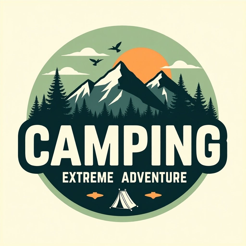 A logo design features a mountain landscape. The design includes a range of mountains with pine trees. A sun is partially hidden behind the mountains. Birds are flying in the sky. Text says CAMPING EXTREME ADVENTURE with extreme adventure in smaller font. There is a small emblem of a tent. The background is circular with a greenish hue. The design has a vintage adventurous feel.