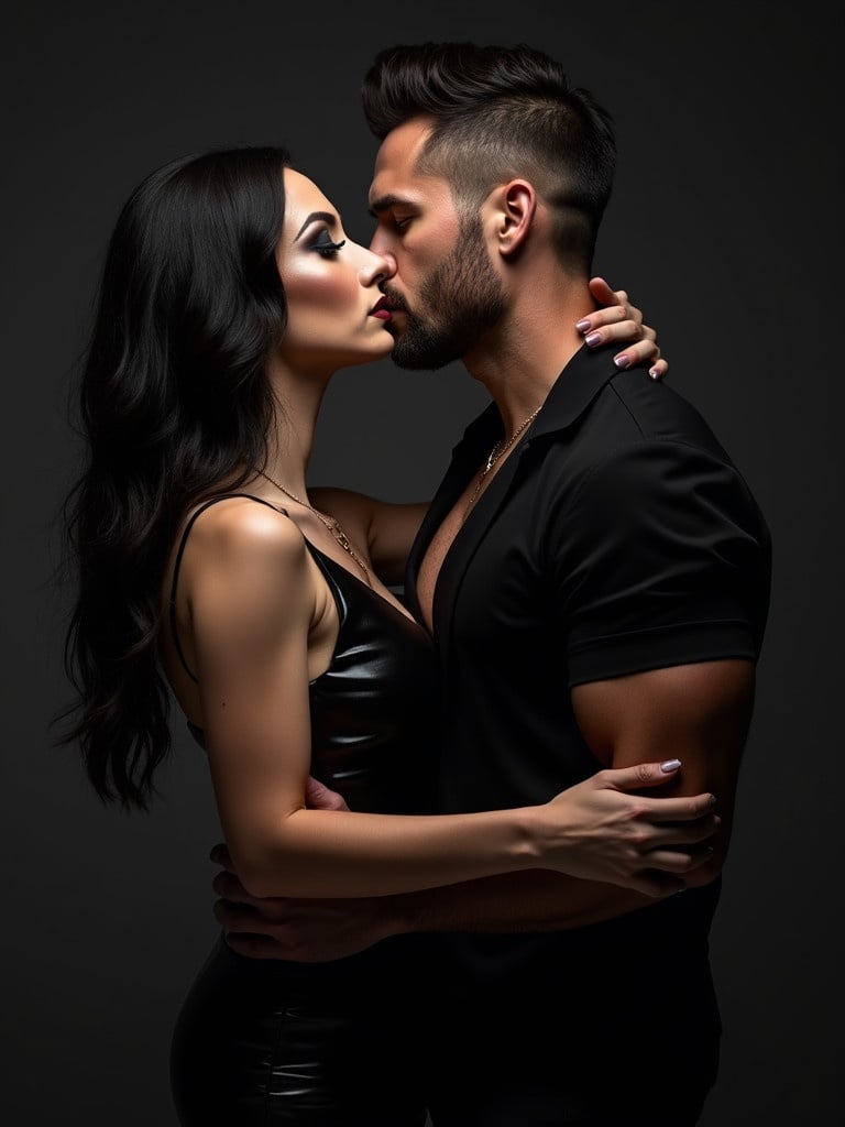 A couple embraces closely. The woman wears elegant black attire with long dark hair. The man has a rugged appearance in sleek black clothing. A moment of intimacy is captured. Dramatic lighting enhances sophistication.