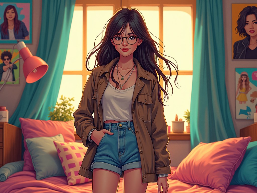 A young woman stands confidently in a cozy, colorful bedroom. She has long, flowing hair and wears a stylish outfit including a jacket and shorts. The room is decorated with vibrant cushions and framed pictures of friends on the walls. Sunlight filters through the window, creating a warm atmosphere. The overall vibe conveys a sense of youthfulness and creativity.