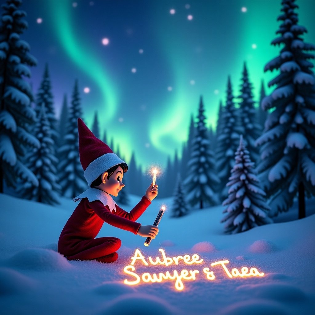 The image shows an Elf on the Shelf in a snowy forest resembling the North Pole. The elf uses a glowstick wand to write the names 'Aubree, Sawyer & Taea' in the snow. In the background, the northern lights illuminate the sky with bright cerulean and purple colors. Surrounding the elf are snow-covered trees creating a magical atmosphere. This scene captures the essence of the holiday season, inviting viewers into a world of wonder and imagination.