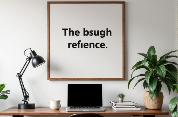 A stylish desk setup with a computer, a lamp, a mug, and green plants, featuring a wall print saying 'The bsugh refience.'