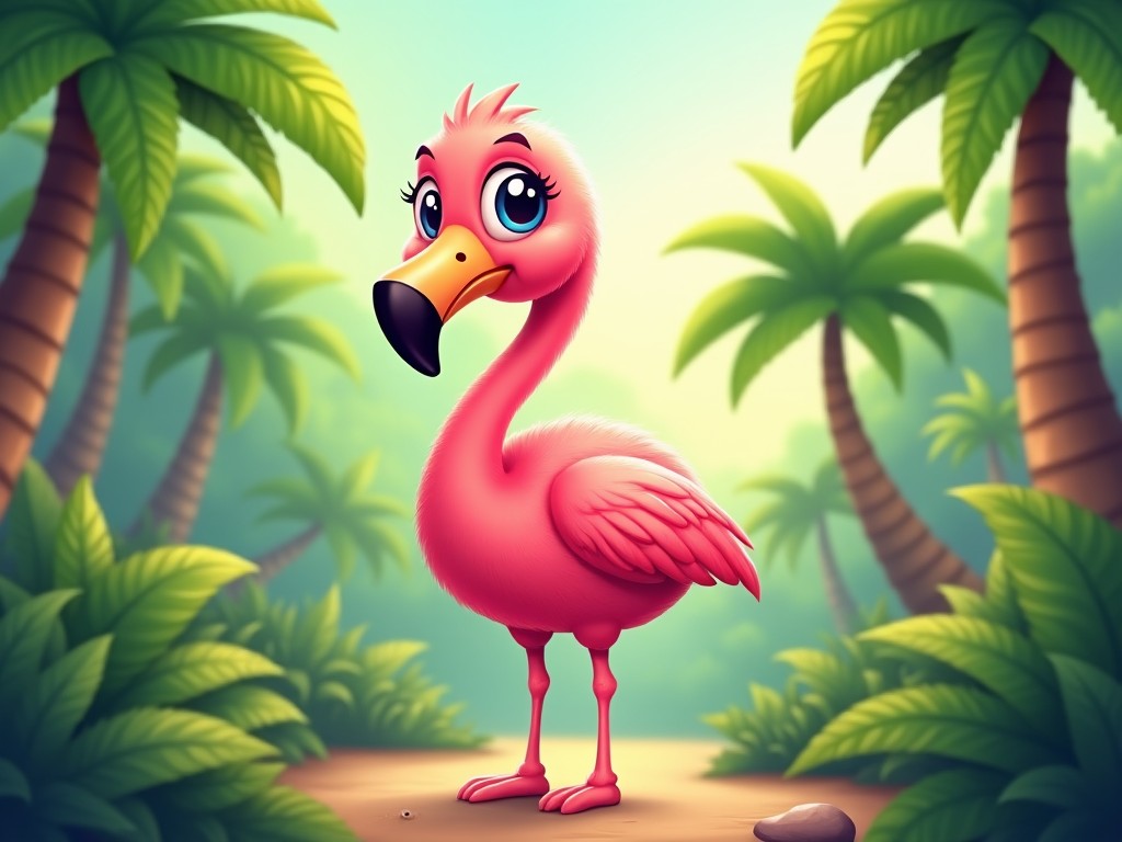 Illustration of a cute cartoon flamingo standing in a tropical jungle setting with palm trees and greenery.