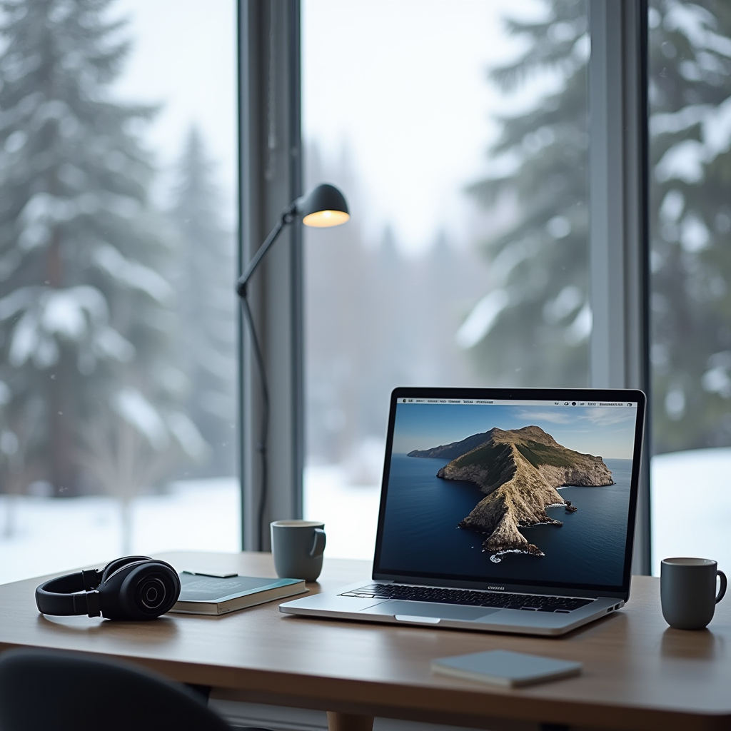 A serene indoor workspace featuring a laptop, books, headphones, and mugs, set against a snowy forest backdrop viewed through large windows.