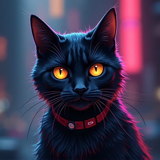 A cyber cat with neon accents. The cat's fur appears sleek and futuristic. The background features glowing lights and a cityscape ambiance. Focus on the cat's striking details.