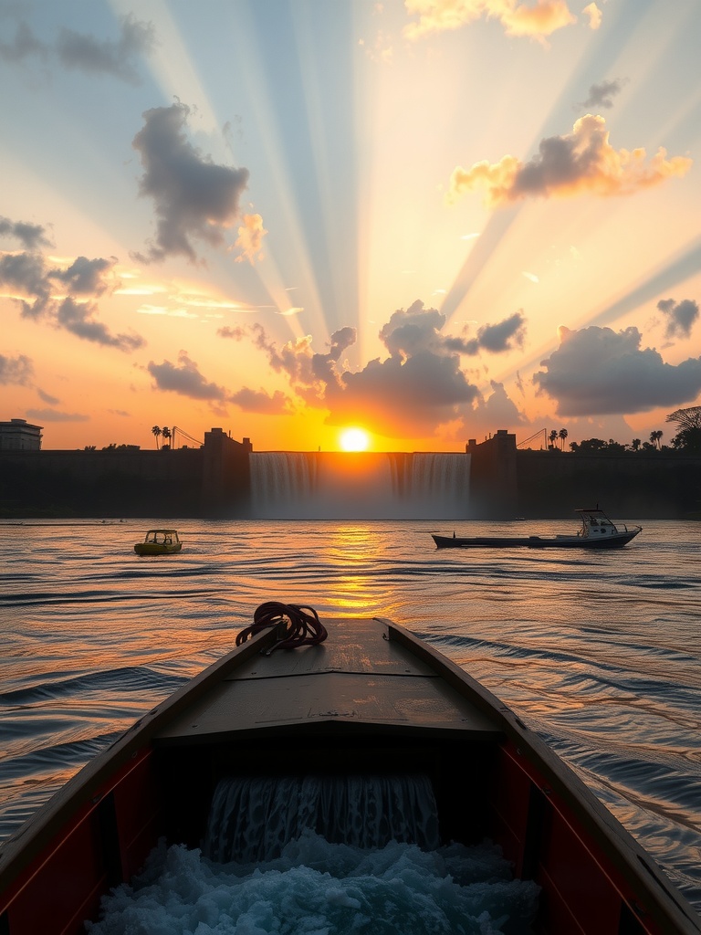 A tranquil scene at sunset with sun rays piercing through scattered clouds, illuminating the sky in shades of orange and purple. The foreground features a boat on a river, leading towards a distant dam with rushing waterfalls. The composition captures a sense of calm and adventure, inviting viewers into the serenity of nature's beauty.