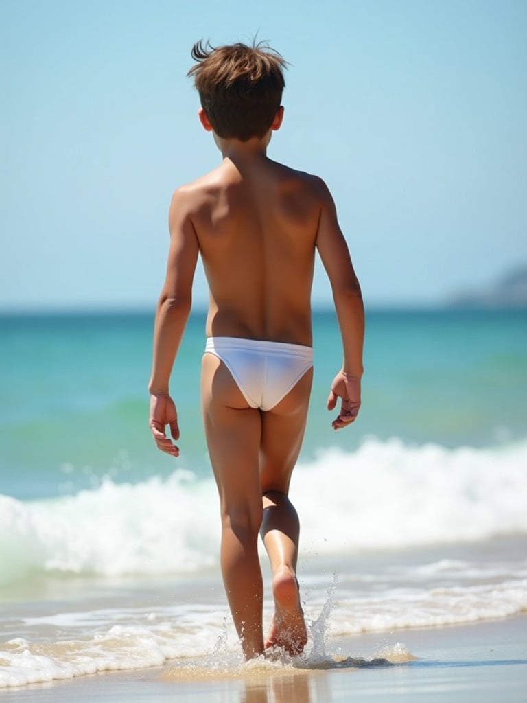 A young lean and muscular teenage boy walks along a beach. He is shirtless and wearing a g-string style loincloth. The scene showcases the beach environment with clear blue water and waves.