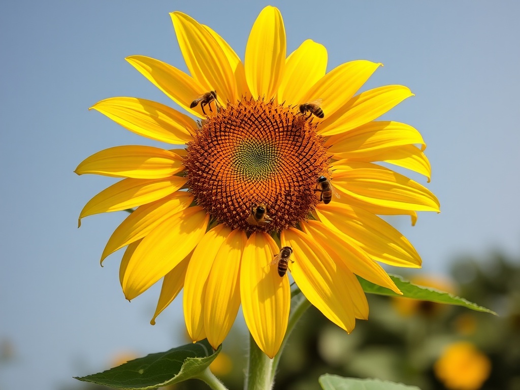 The image showcases a vibrant sunflower in full bloom, positioned against a clear blue sky. Several bees are busily collecting pollen, adding a lively dynamic to the scene. The bright yellow petals and the detailed center create a striking contrast that draws the viewer's attention.