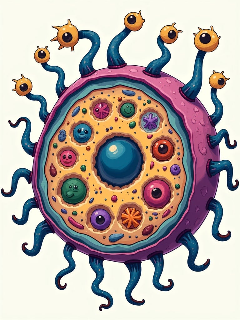 Illustration depicts whimsical colorful cross-section of a cell. Features various organelles and unique appendages. Creature has multiple eyes and tentacle-like extensions. Design is playful and imaginative with bright colors.