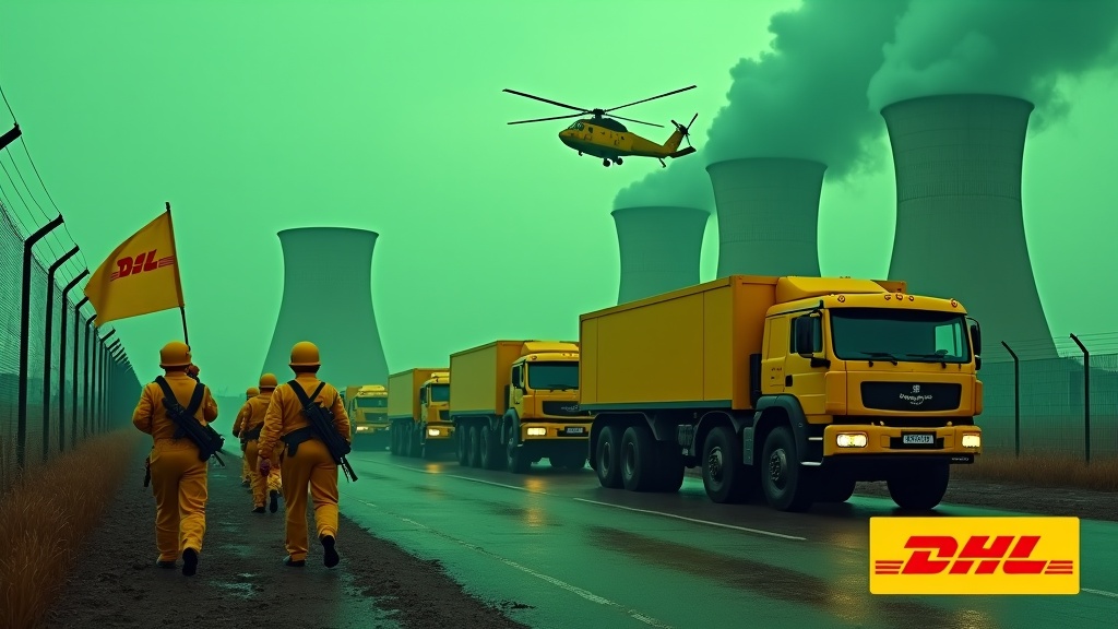 In a dramatic scene, several large yellow armoured cars drive up to a fence. The armoured cars are painted with the DHL logo. Nearby, several soldiers wearing yellow uniforms and holding rifles are seen marching together in unison. One soldier stands valiantly holding a flag with the DHL logo. In the background, we can see the prominent smokestacks of a nuclear power plant glowing green. The sky is awash with an evil green glow, and a large yellow Chinook cargo helicopter flies above, adding to the intensity of the scene. At the bottom, we see the DHL logo, displayed in bold, yellow text.