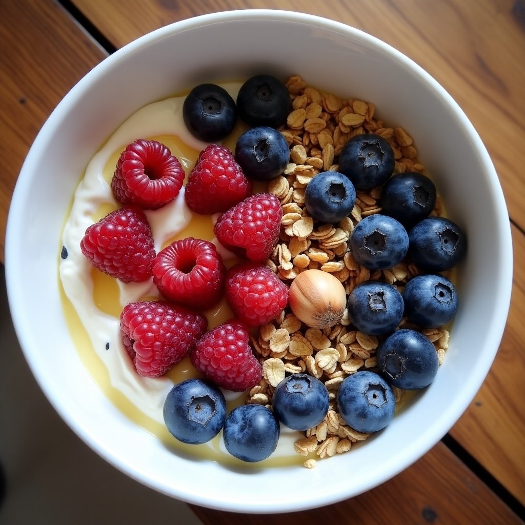 A large bowl of yogurt topped with fresh raspberries, blueberries, granola, hazelnuts, and honey. A simple yet healthy breakfast that includes chia seeds.