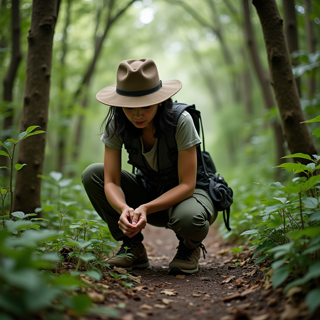 A woman wearing a wide-brimmed hat kneels on a forest path, closely observing the plants around her.