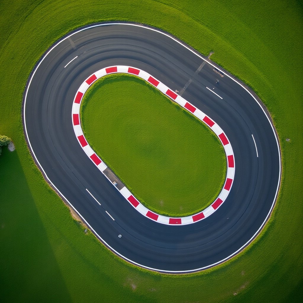 Top-down view of a racing track surrounded by green grass. Highlights nature and sport. Showcases layout and contours of the road, showcasing circuit intricacies. Natural daylight enhances colors. Perspective emphasizes design for racing enthusiasts.